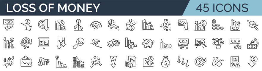 Fototapeta premium Set of 45 outline icons related to lose money, bankruptcy. Linear icon collection. Editable stroke. Vector illustration