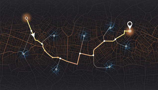 Location tracks dashboard. City street road. Vector, illustration. Abstract transportation background. Path turns and destination tag, mark. A visually stunning of colorful lines, geometric elements,