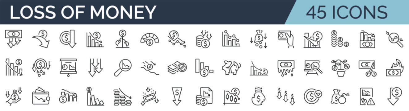 Set of 45 outline icons related to lose money, bankruptcy. Linear icon collection. Editable stroke. Vector illustration