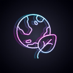 Glowing neon line Earth globe and leaf icon isolated Glowing neon line background. World or Earth sign. Geometric shapes. Environmental concept. Vector