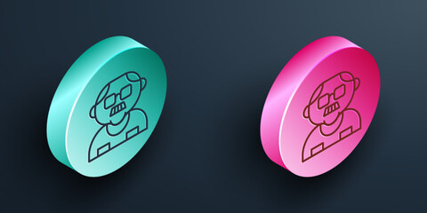 Isometric line Grandfather icon isolated on black background. Turquoise and pink circle button. Vector