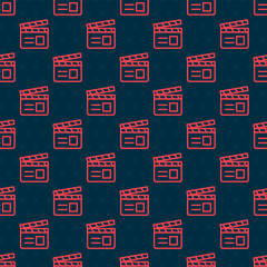 Red line Movie clapper icon isolated seamless pattern on black background. Film clapper board. Clapperboard sign. Cinema production or media industry. Vector