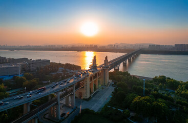 Fototapeta na wymiar Dusk Scenery of Nanjing Yangtze River Bridge, Jiangsu Province, China
