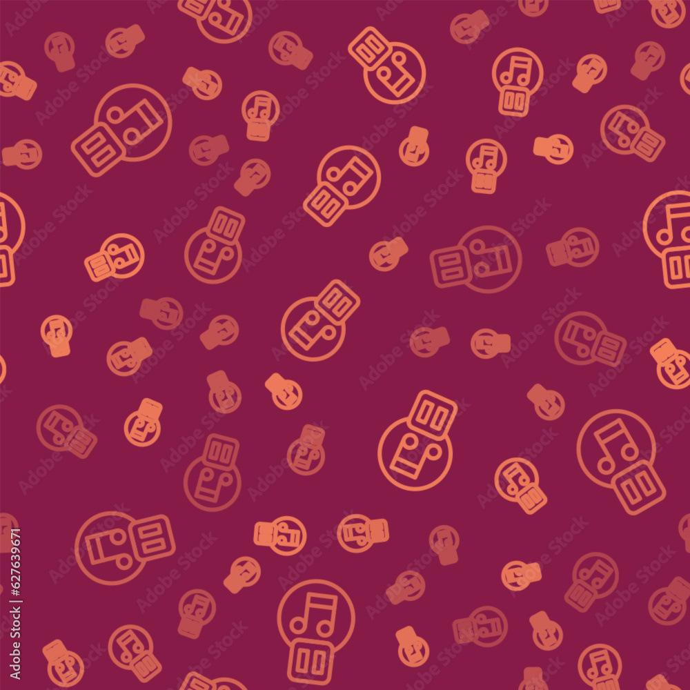 Poster brown line pause button icon isolated seamless pattern on red background. vector