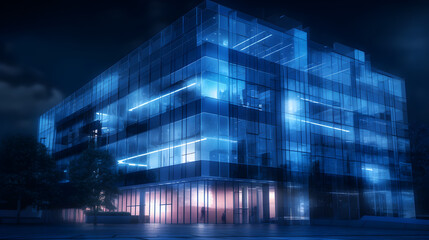 Fototapeta na wymiar Modern blue technology office building on black background 