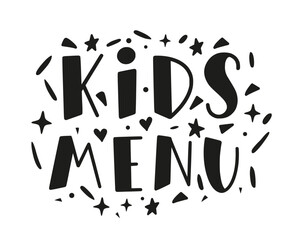 Kids menu. Logo for banner, flyer, poster design. Meal menu vector template. Kids food concept. Cute colorful illustration. Children nutrition logo symbol. Funny label kids food menu.