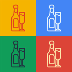 Pop art line Champagne bottle with glass icon isolated on color background. Vector