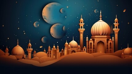 Festive greeting card, invitation for Muslim holy month Ramadan Kareem. Generative Ai