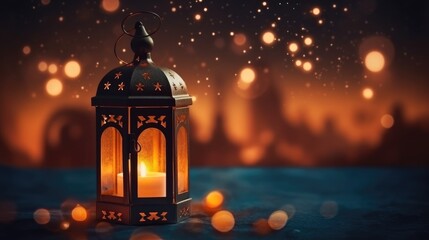 Fototapeta na wymiar Ornamental Arabic lantern, Festive greeting card, invitation for Muslim holy month Ramadan Kareem. Generative Ai