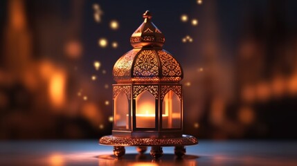 Ornamental Arabic lantern, Festive greeting card, invitation for Muslim holy month Ramadan Kareem. Generative Ai