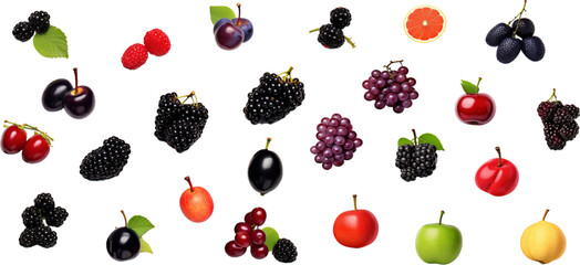 Printset different fruits are shown on a white background, in the style of red and purple