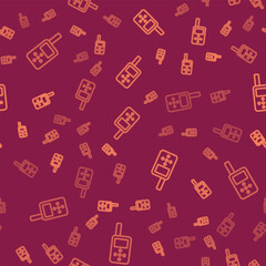 Brown line Baby monitor walkie talkie icon isolated seamless pattern on red background. Vector