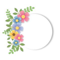 Color pastel flower and bloom, Wedding decorative perfect circle frame border or greeting card Valentine, Birthday and Mother’s day. Isolated on white background. illustration paper cut design style.