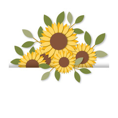 Beautiful sunflower invitation card. Design for invitation of Wedding or Springtime and Birthday, summer or autumn. Isolated on white background. shadow overlay. illustration paper cut design style.