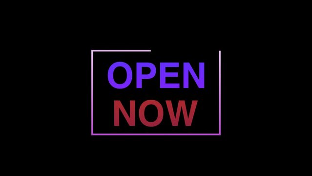 Open now sign animation.4K motion animation. Glowing Open neon sign on a brick wall, Open Now neon White, great for video intro, 3d model with brick background
