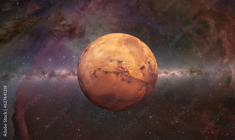 Poster View of Mars from outer space with millions of stars around it Milky Way galaxy in the background 