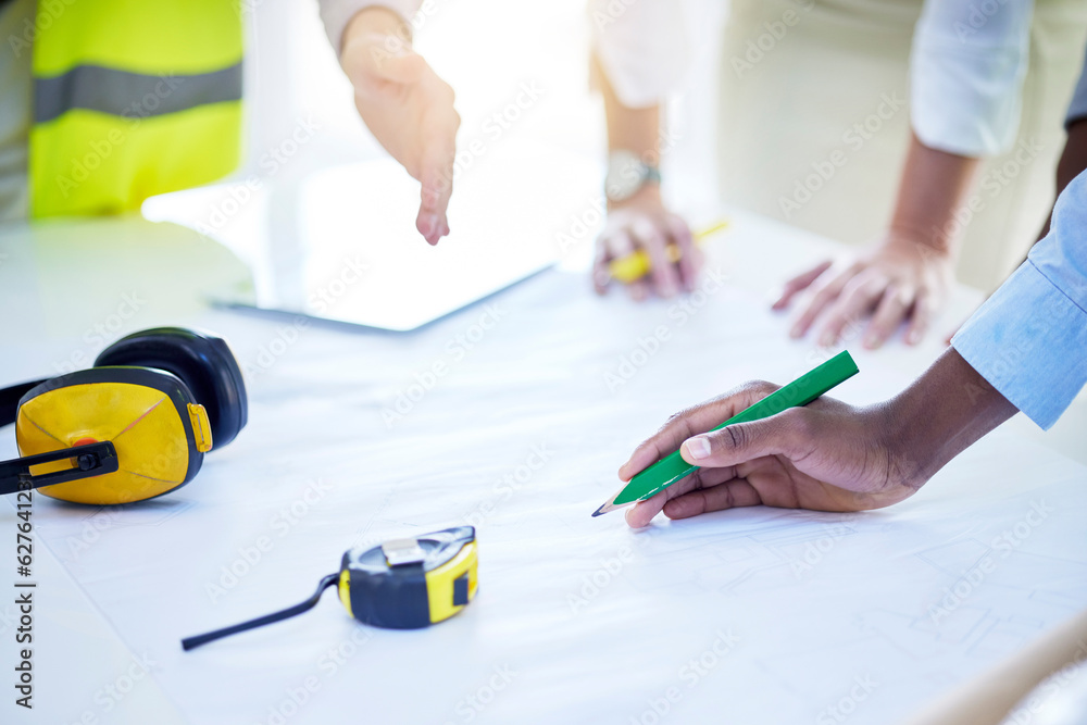 Aufkleber Hands, collaboration and architecture with a design team in the office working on planning blueprints. Construction, building or industry with an architect, designer and engineer in the workplace