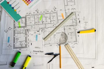 Close up of architecture project of building over design equipment