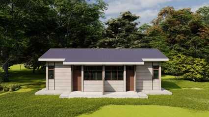 Fototapeta na wymiar 3D Rendering Illustrations of Concrete Panel House in the Woods-House Exterior