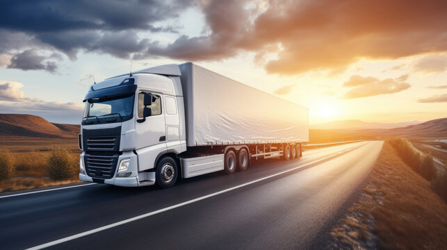 AI generated image of modern large trailer driving down an empty road at sunset. Logistics company. Freight transportation. Fast delivery.