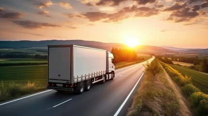 Plakat AI generated image of modern large trailer driving down an empty road at sunset. Logistics company. Freight transportation. Fast delivery.