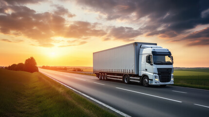 Plakat AI generated image of modern large trailer driving down an empty road at sunset. Logistics company. Freight transportation. Fast delivery.