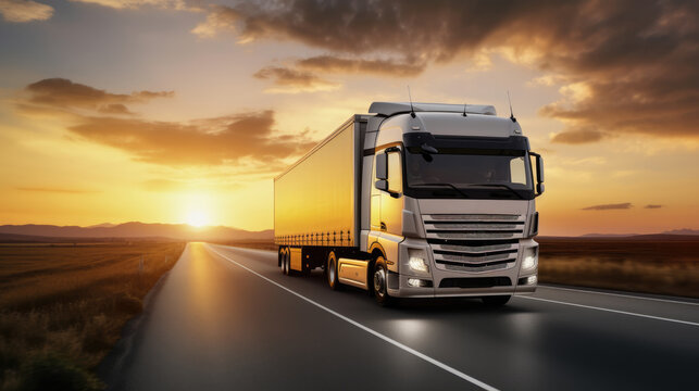 AI generated image of modern large trailer driving down an empty road at sunset. Logistics company. Freight transportation. Fast delivery.