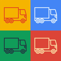 Pop art line Delivery cargo truck vehicle icon isolated on color background. Vector