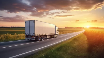 Foto op Aluminium AI generated image of modern large trailer driving down an empty road at sunset. Logistics company. Freight transportation. Fast delivery. © masyastadnikova
