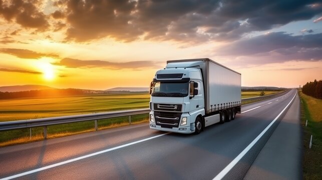 AI generated image of modern large trailer driving down an empty road at sunset. Logistics company. Freight transportation. Fast delivery.