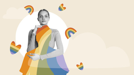 Beautiful young woman hugging human silhouette. Rainbow hearts elements. Contemporary art collage. Concept of human rights, equality, social issues, acceptance and freedom. Banner, poster, ad