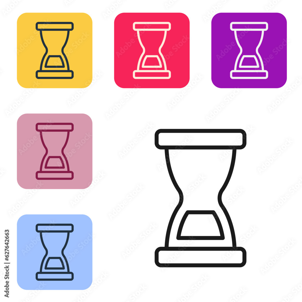 Poster black line old hourglass with flowing sand icon isolated on white background. sand clock sign. busin