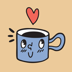 Hand drawn cute cup with coffee or tea in retro cartoon design, isolated vector illustration in outlined style
