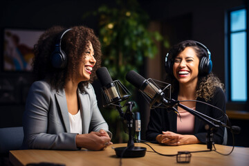 Two young women record podcast and laugh. Generative AI content