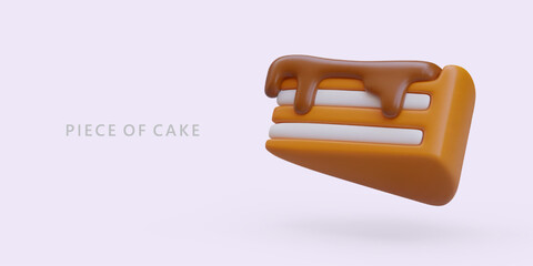 Triangular piece of cream cake with runny topping. Fresh sweet pastries with glaze. Advertising with 3D floating object. Color template for web design