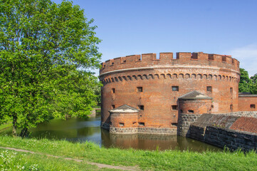 Forts of Kaliningrad. Walled city of Koenigsberg. Der Don Tower, built in 1854. German fortifications of 19th century for defense by German troops of city. East Prussia. Russia.