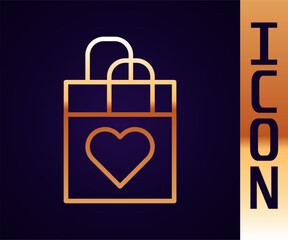 Gold line Shopping bag with heart icon isolated on black background. Shopping bag shop love like heart icon. Happy Valentines day. Vector