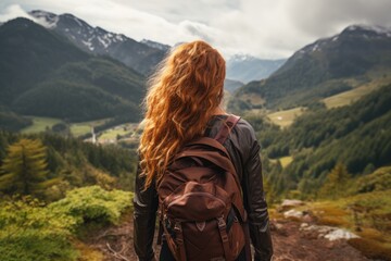 Fototapeta na wymiar Adventurous Sportive Girl hiking at a Mountains. Generative AI