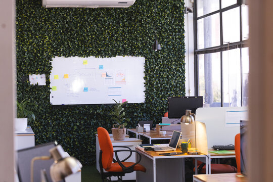 Sunny casual office with green wall with whiteboard