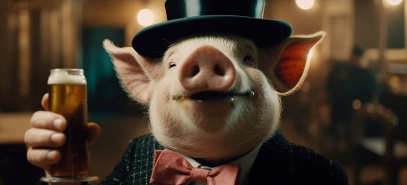 Schweinisches Prost: Ein feierlich angezogenes Schwein mit Zylinder und Anzug sto&szlig;t in der Bar mit Bier an - alles Gute zum Geburtstag! 
