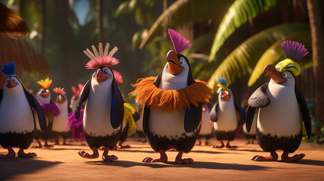 Fr&ouml;hliche Pinguin-Party: Lustige Geburtstagsgr&uuml;&szlig;e von Pinguinen am Strand mit Palmen, bunten R&ouml;cken und Per&uuml;cken