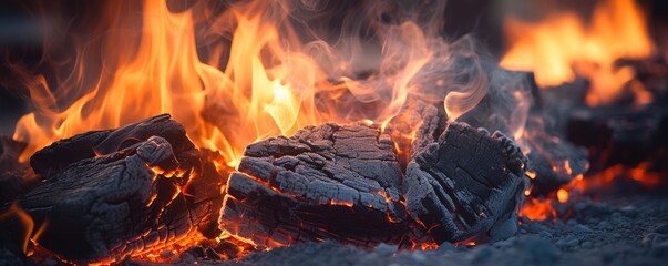 Fototapeta premium Burning coal creates glowing fire, detailed energy panorama. Generative Ai.