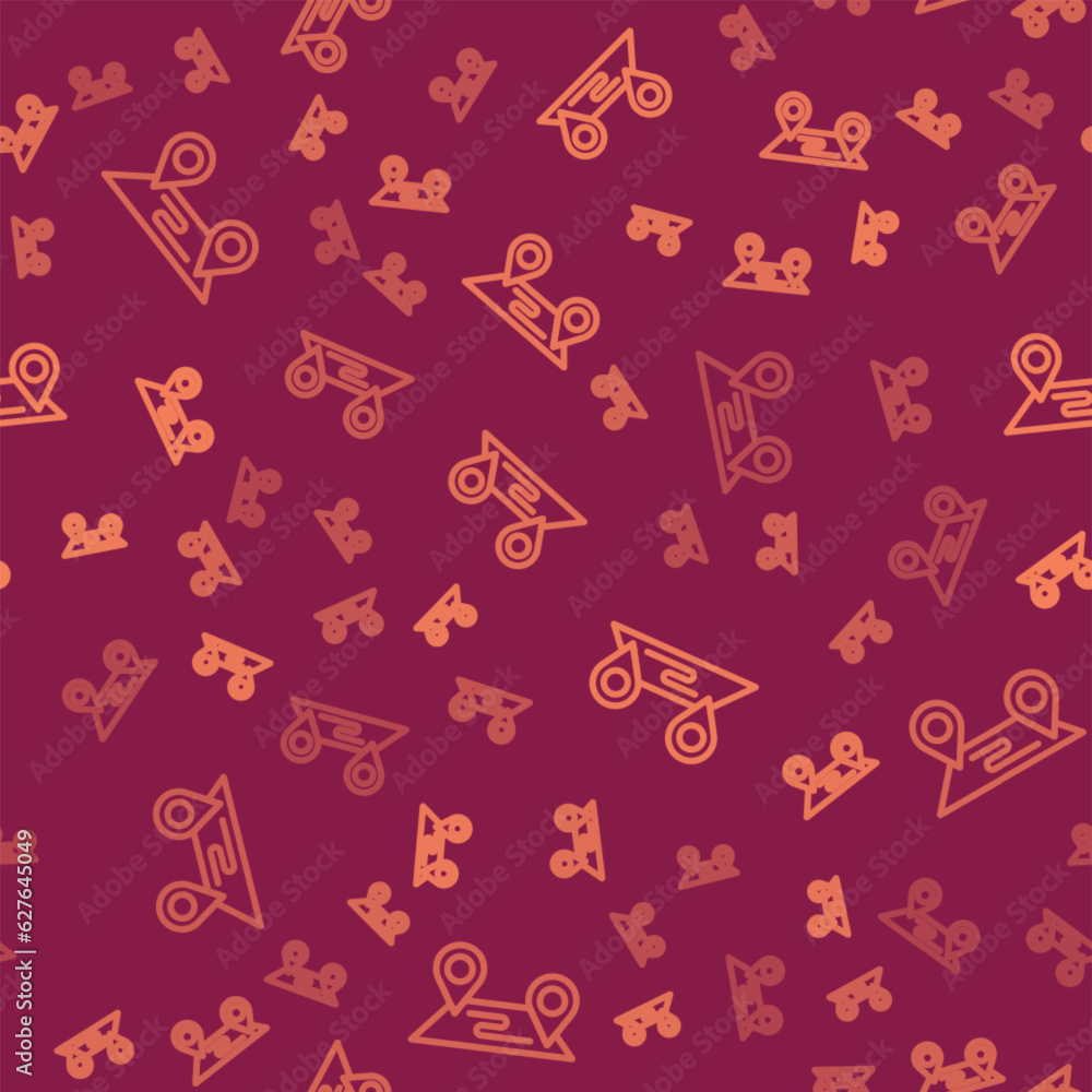 Poster brown line route location icon isolated seamless pattern on red background. map pointer sign. concep