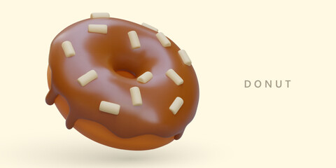 3D donut with glaze and sprinkles. Horizontal advertising poster. Sweet snack. Layout for bakery sign. Cover for menu, concept for showcase in cartoon style