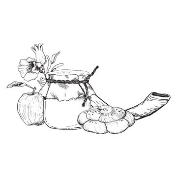 Shana Tova Rosh Hashanah symbols horizontal greeting banner with honey jar, shofar horn, round challah, apple and pomegranate flowers vector illustration for Jewish New Year