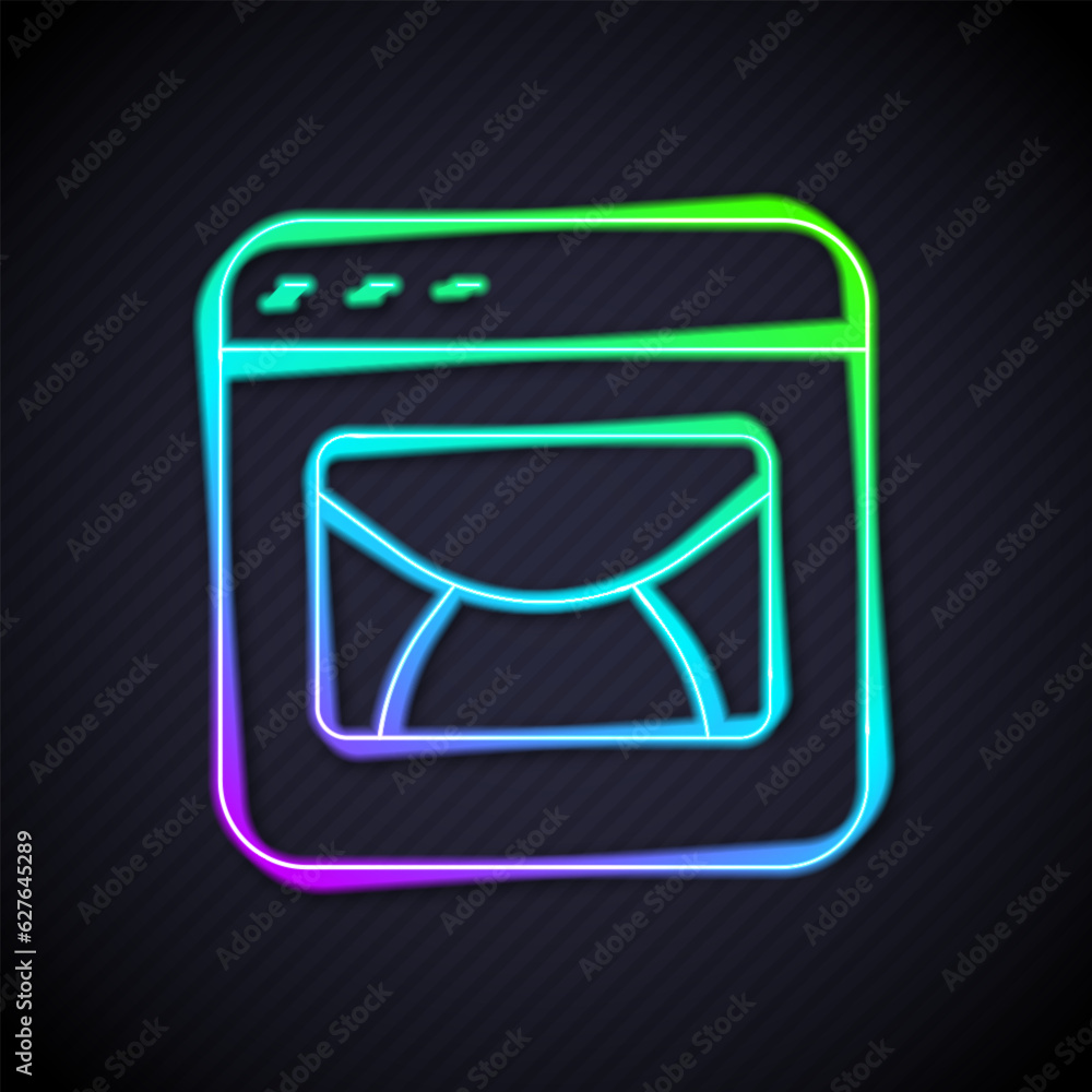 Poster glowing neon line mail and e-mail icon isolated on black background. envelope symbol e-mail. email m