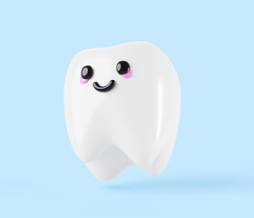 Cute milk teeth, cartoon kawaii character with smile 3d render. Happy and healthy tooth icon for children dentistry clinic on blue background. Dental hygiene and care, oral health. 3D illustration