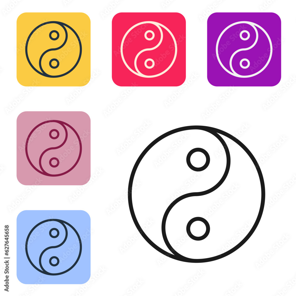 Poster black line yin yang symbol of harmony and balance icon isolated on white background. set icons in co