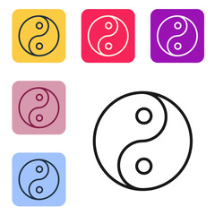 Black line Yin Yang symbol of harmony and balance icon isolated on white background. Set icons in color square buttons. Vector