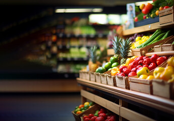 Supermarket zone with verious fresh organic vegetables and fruits on shelf or showcase. Farmers market. Healthy food concept. Vitamins and minerals in fresh vegetables, fruits. Copy space for mockup